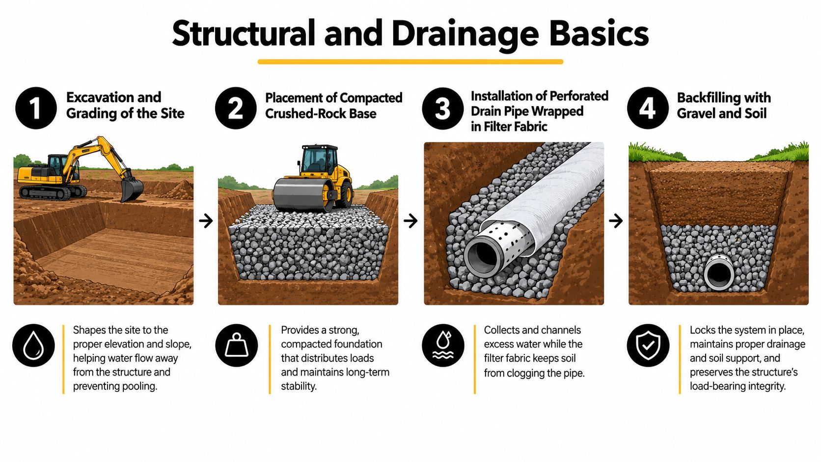 A four-step infographic illustrating the construction process for structural drainage systems using excavation, compacted gravel, pipes, and backfilling.