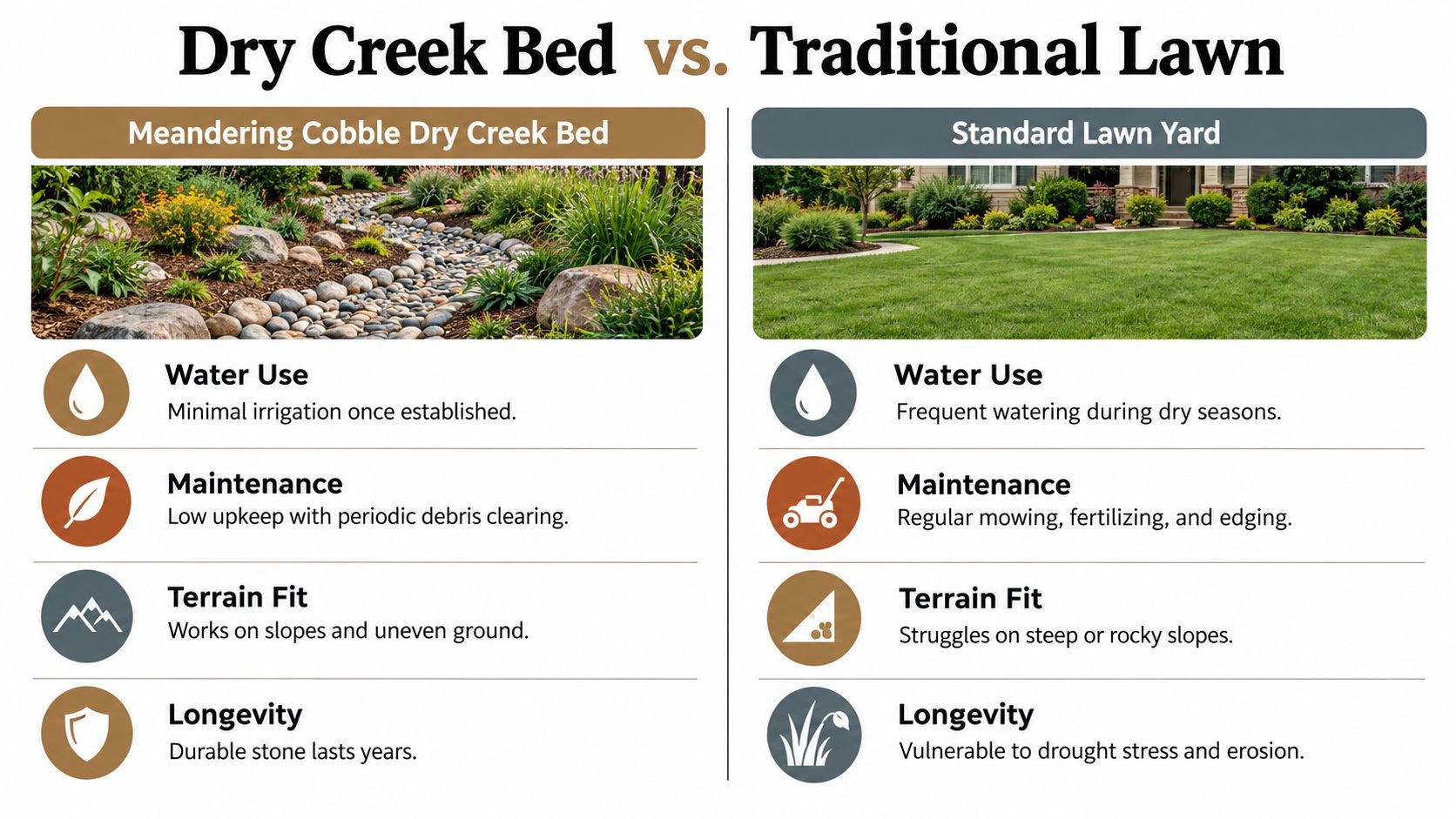 A comparison chart highlighting the benefits of a dry creek bed versus a traditional grass lawn.