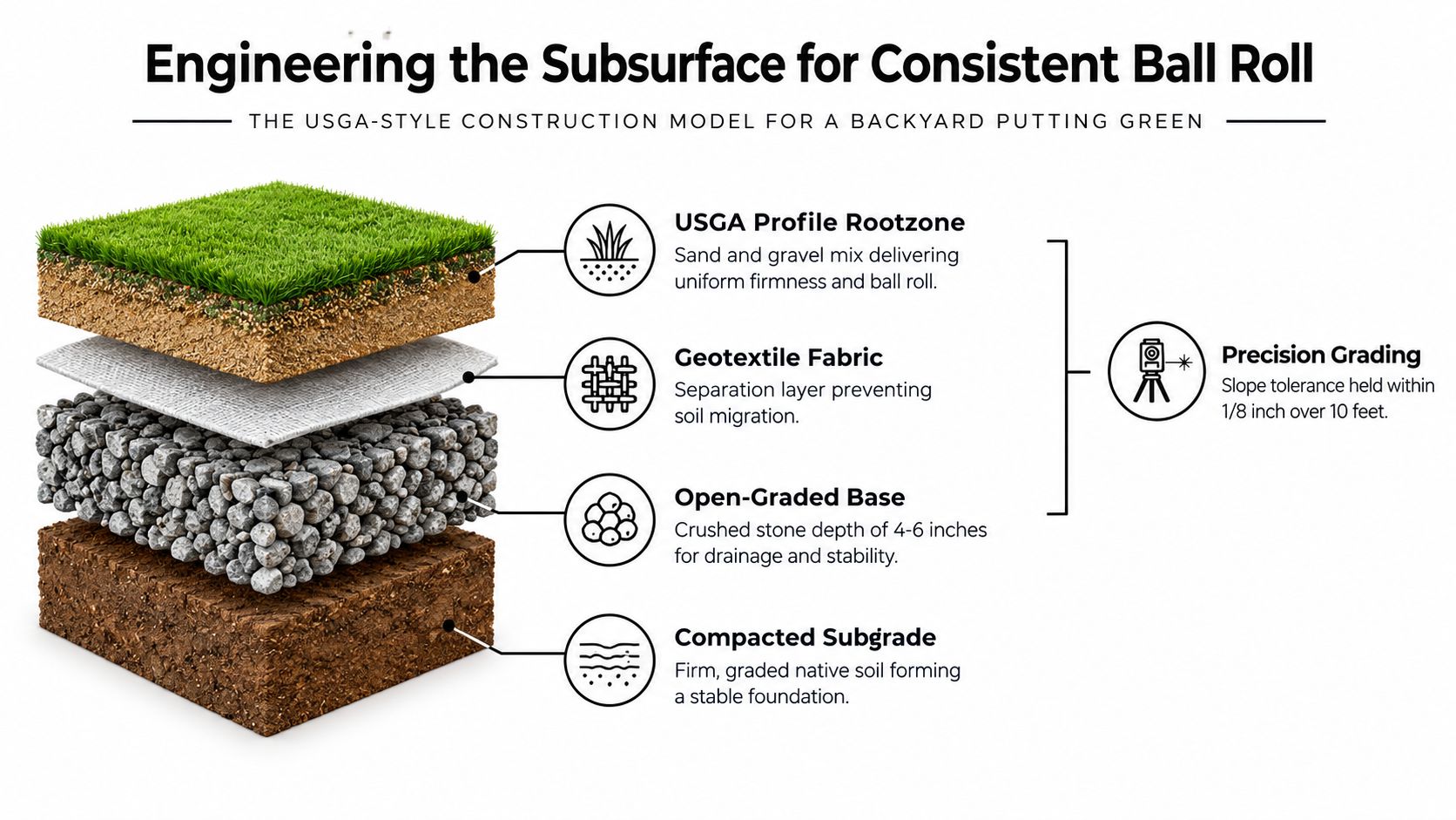 A diagram illustrating the layered construction of a USGA-style backyard putting green with professional engineering specifications.