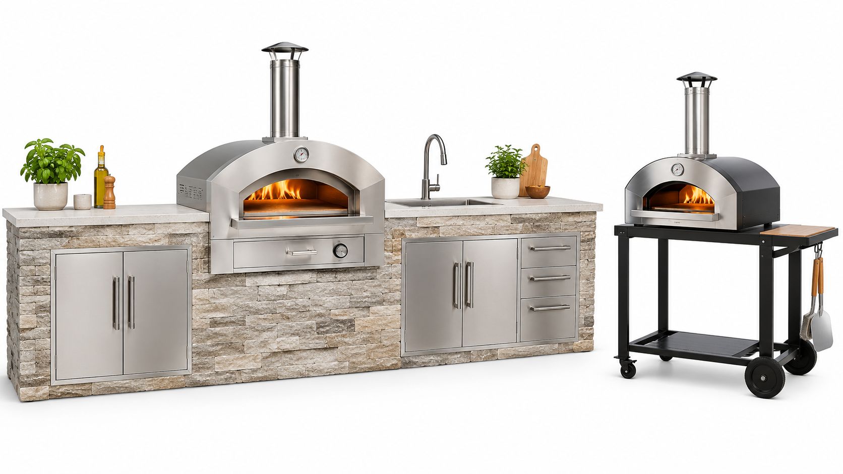 A modern outdoor stone kitchen island featuring a stainless steel pizza oven, sink, and a portable oven cart.