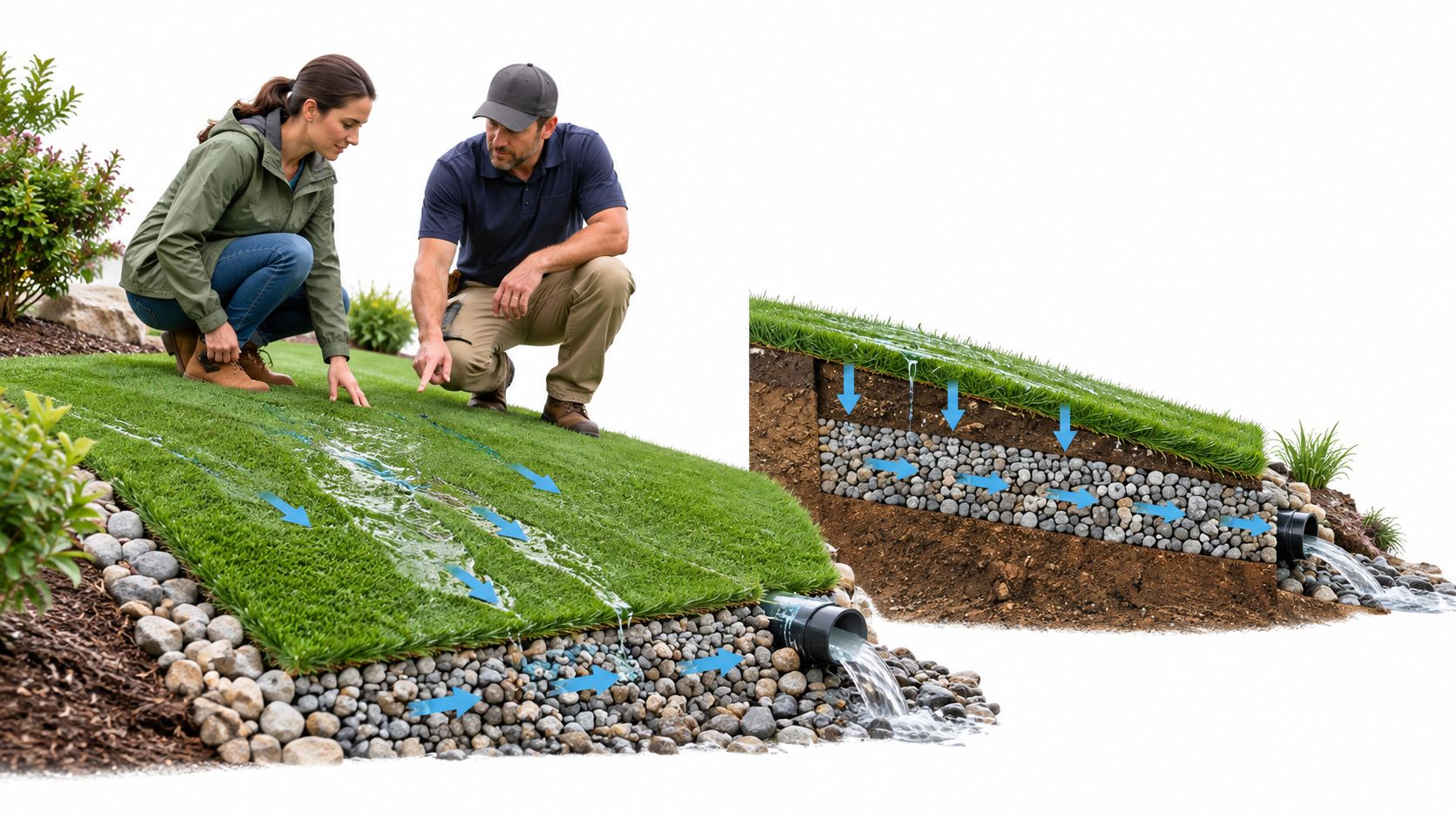 A man and woman inspect an artificial turf drainage system showing how water flows through sub-surface gravel.