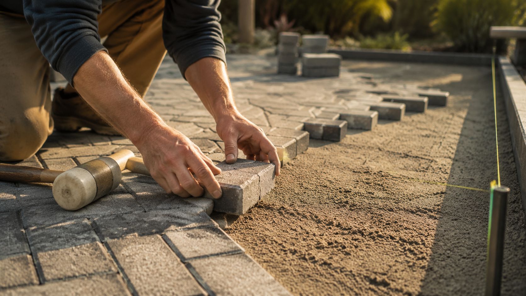 A construction worker installing stone pavers on a leveled sand base to build a patio.