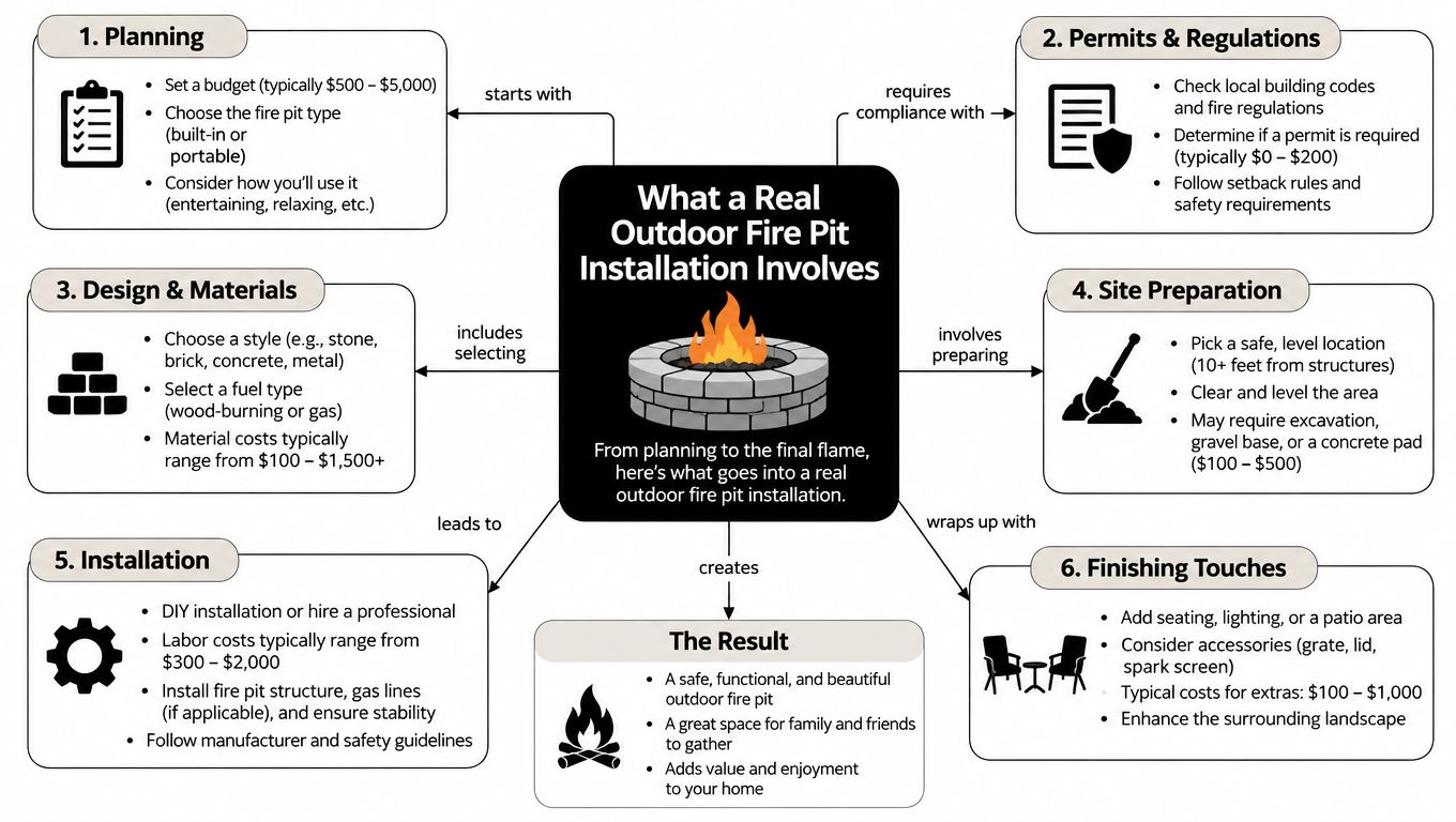 A diagram outlining the six key steps for a successful outdoor fire pit installation project.