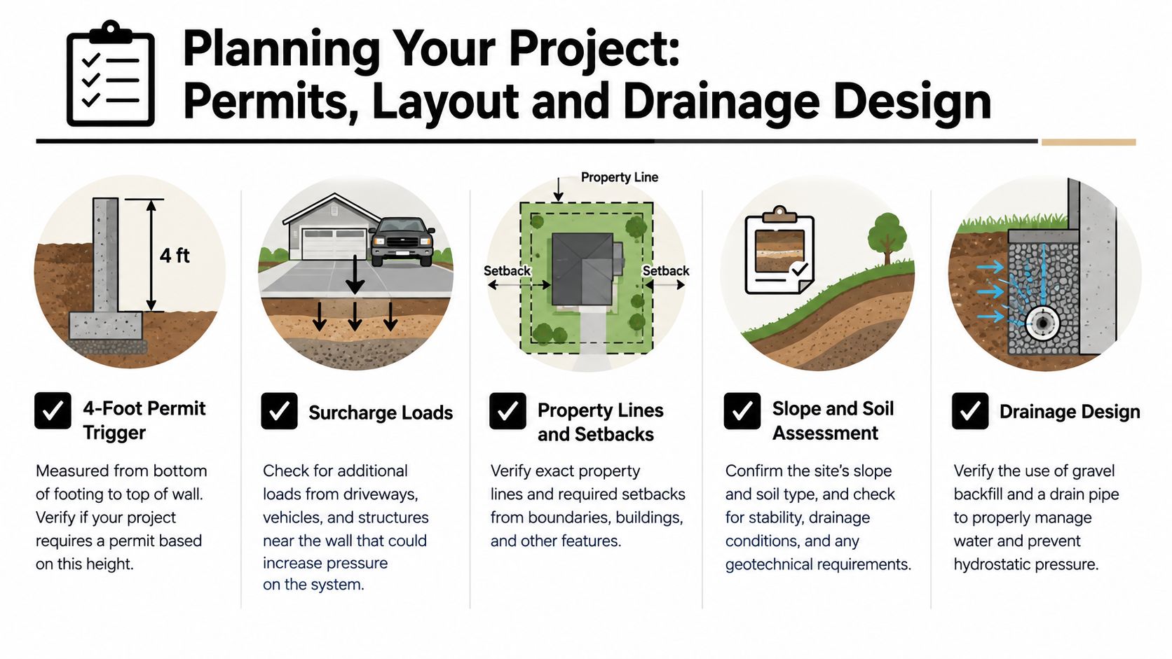 An infographic illustrating essential planning steps for retaining wall installation, including permits, layout, and drainage design requirements.