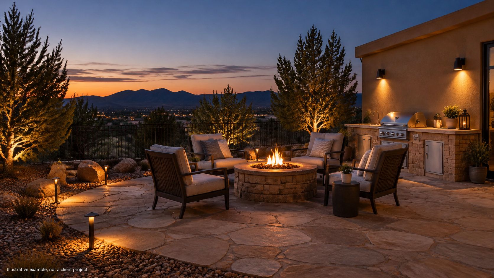 Outdoor patio at twilight featuring warm landscape lighting, a glowing stone fire pit, and comfortable seating.