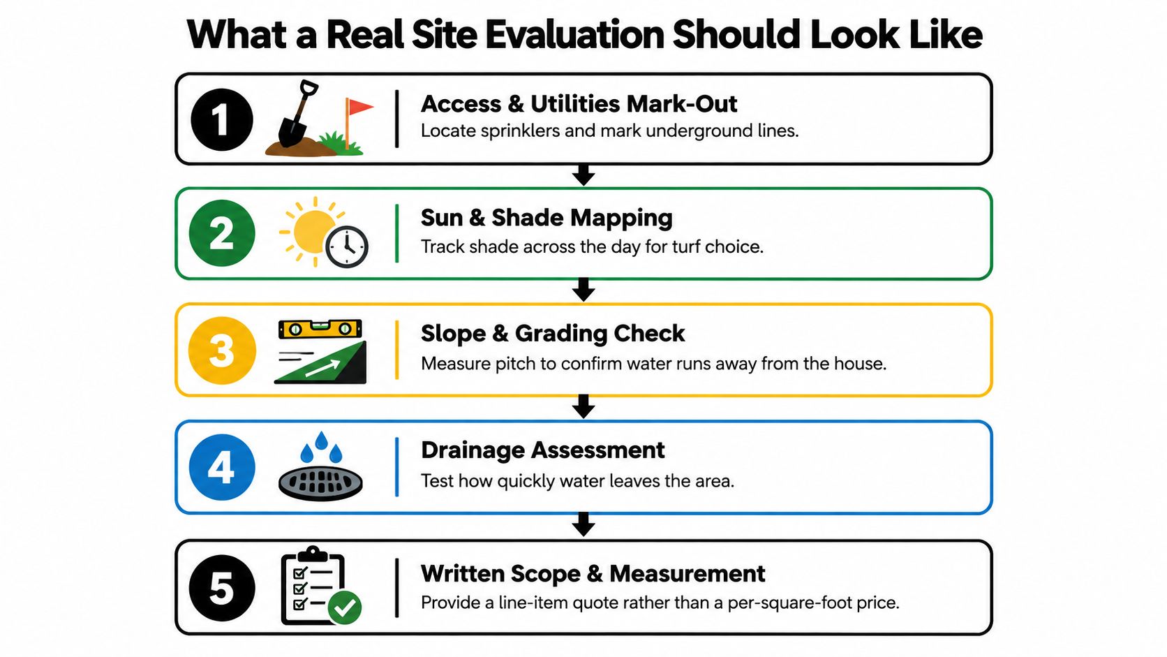 A five-step checklist for professional landscape evaluation, detailing essential site assessment processes for a construction project.