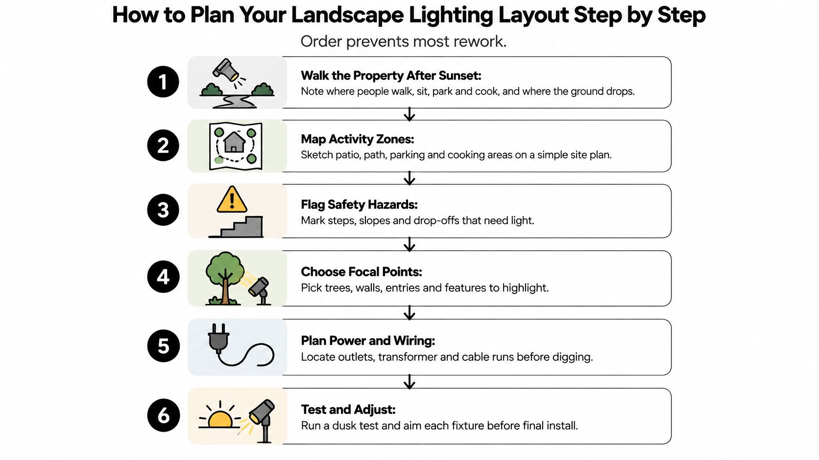 A step by step guide infographic for planning a landscape lighting layout for residential outdoor spaces.