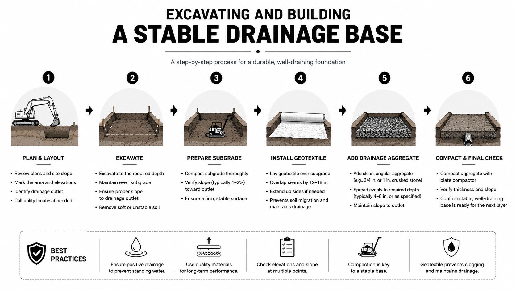 A six-step infographic illustrating the professional process for excavating and building a stable drainage foundation for construction.