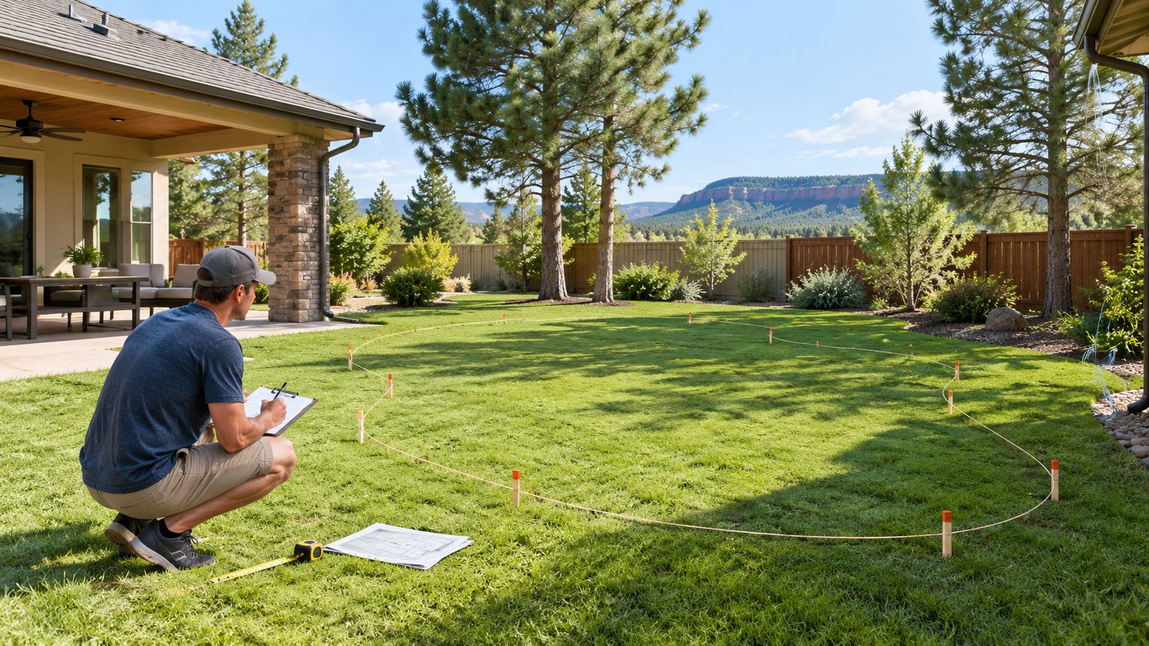 A professional landscaper marking the dimensions for a backyard project with string and wooden stakes.
