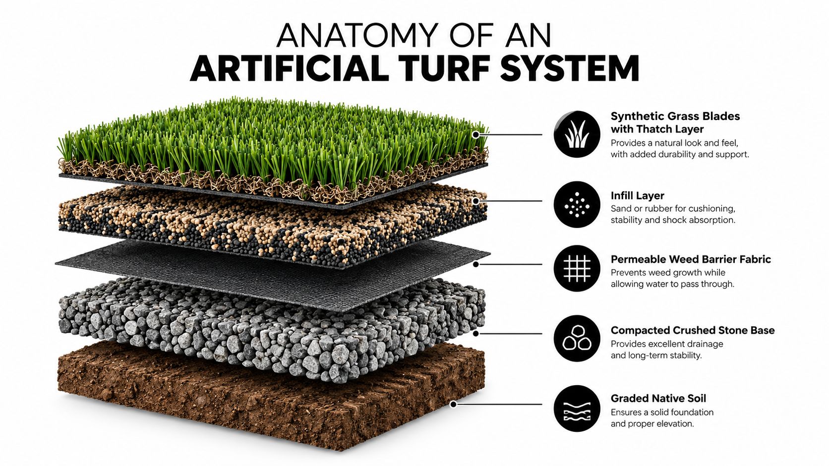 A cross-section diagram of an artificial turf system, illustrating the layers from blades to native soil.