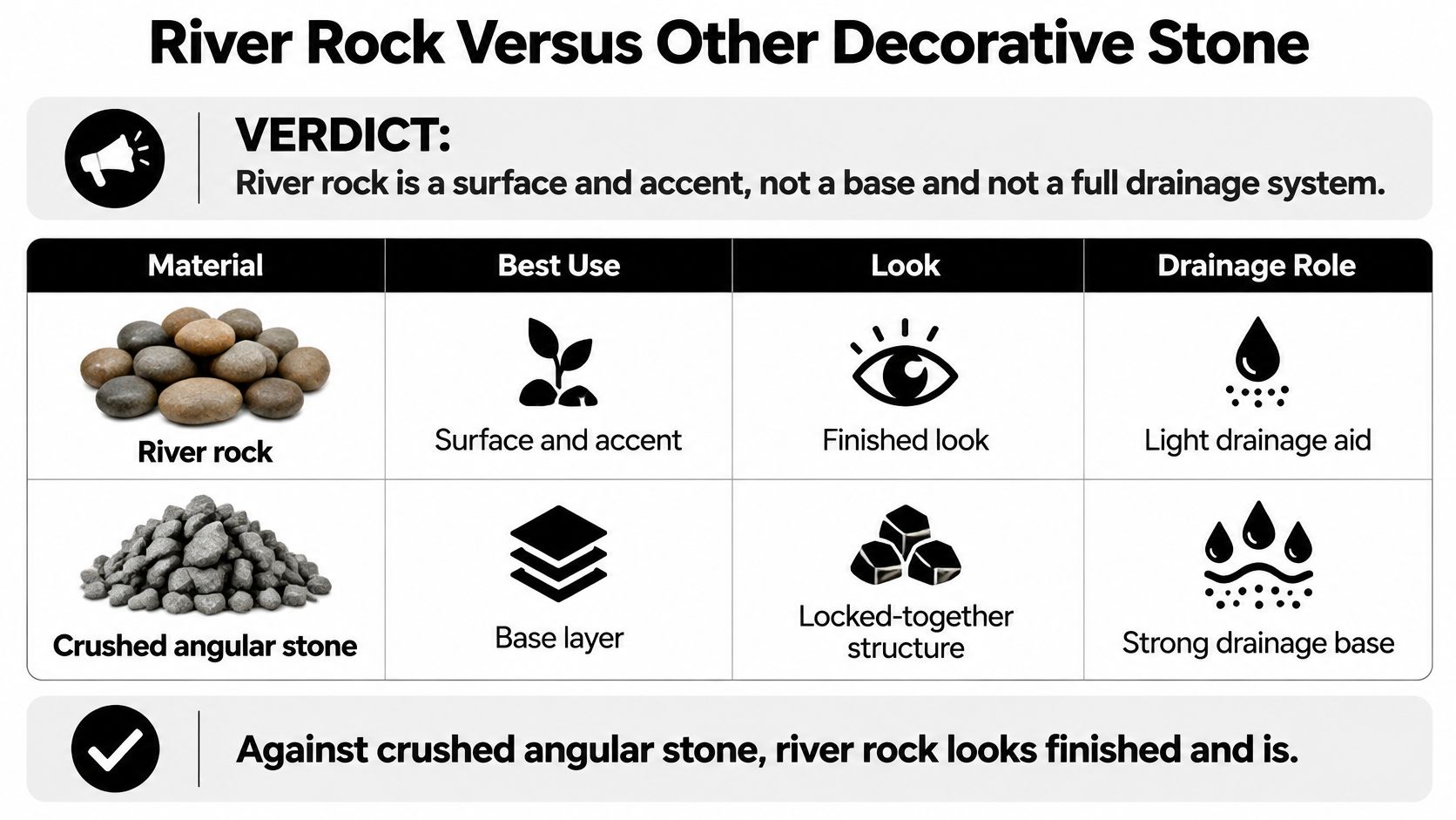 A comparison chart showing that river rock is for surface accents while crushed stone provides drainage.