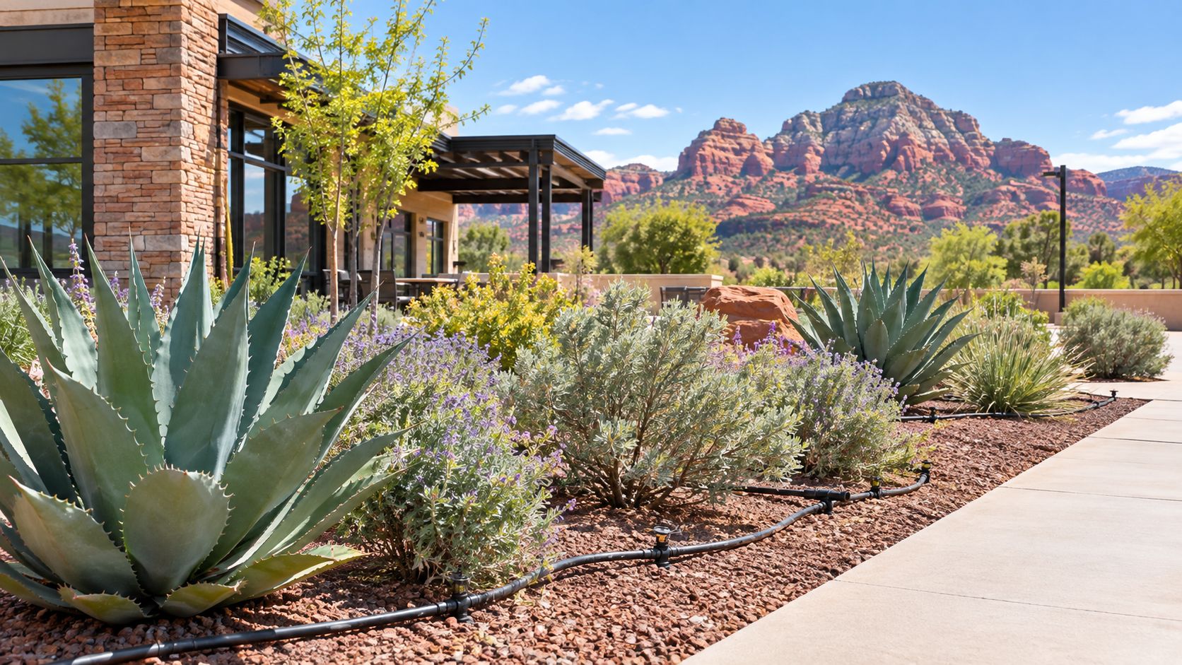 A modern commercial landscape with native agave plants, desert shrubs, and a mountain range in the background.