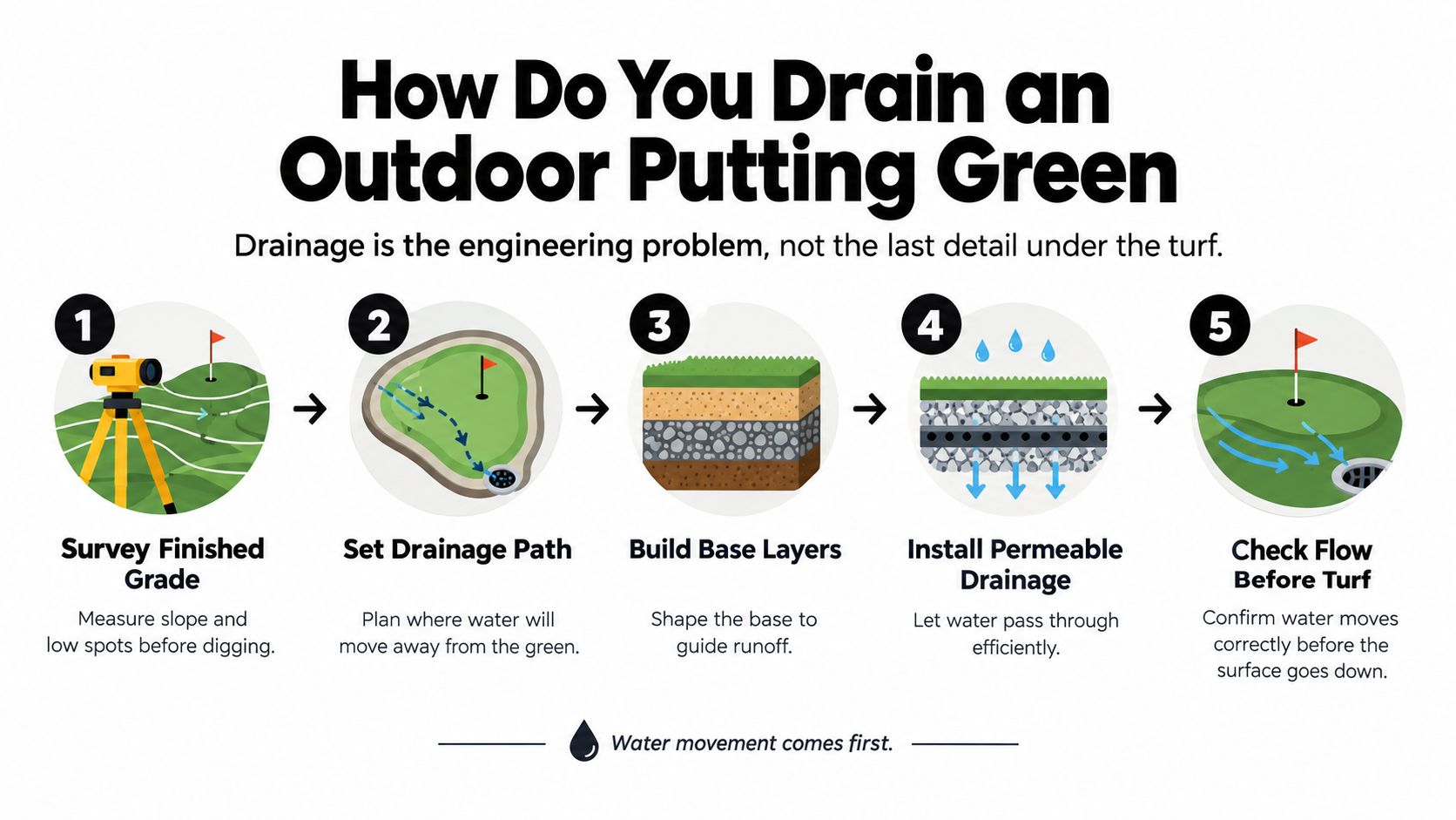 An infographic showing the five steps to properly install drainage for an outdoor putting green.