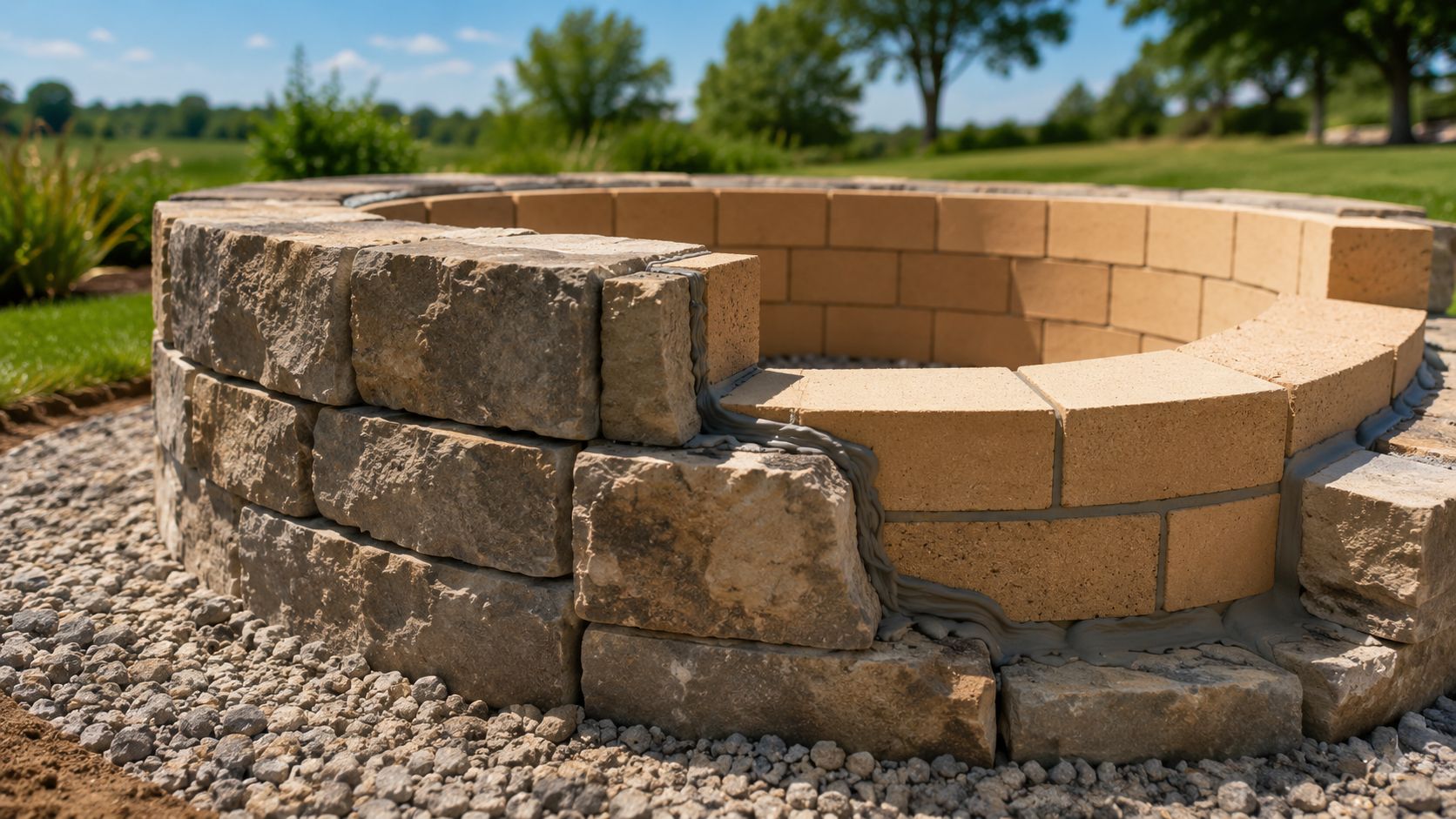A close-up view showing the construction process of a stone and firebrick outdoor circular fire pit.