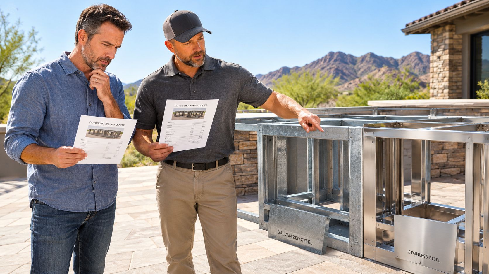 A professional contractor shows a customer an outdoor kitchen metal frame project quote on a sunny day.