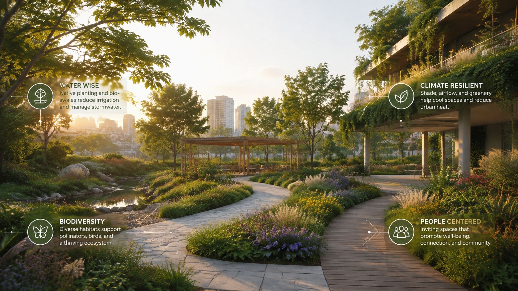 A modern urban landscape featuring native plants, walking paths, and sustainable green design elements at sunset.