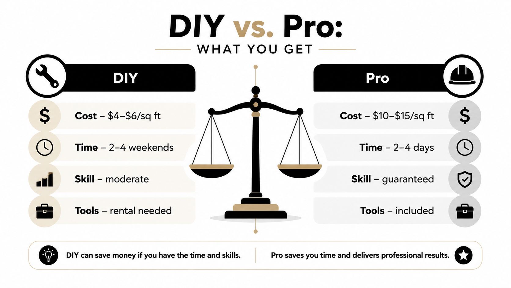 A comparison infographic showing the cost, time, skill, and tool requirements for DIY versus professional installation.