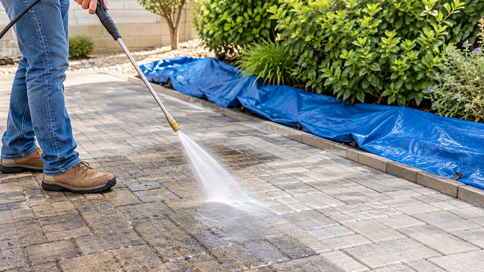 A person uses a pressure washer to clean dirty patio pavers in a residential backyard setting.