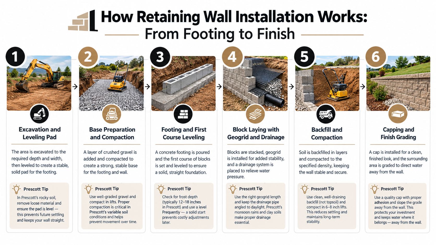 A six-step infographic illustrating the professional installation process for a residential stone retaining wall.