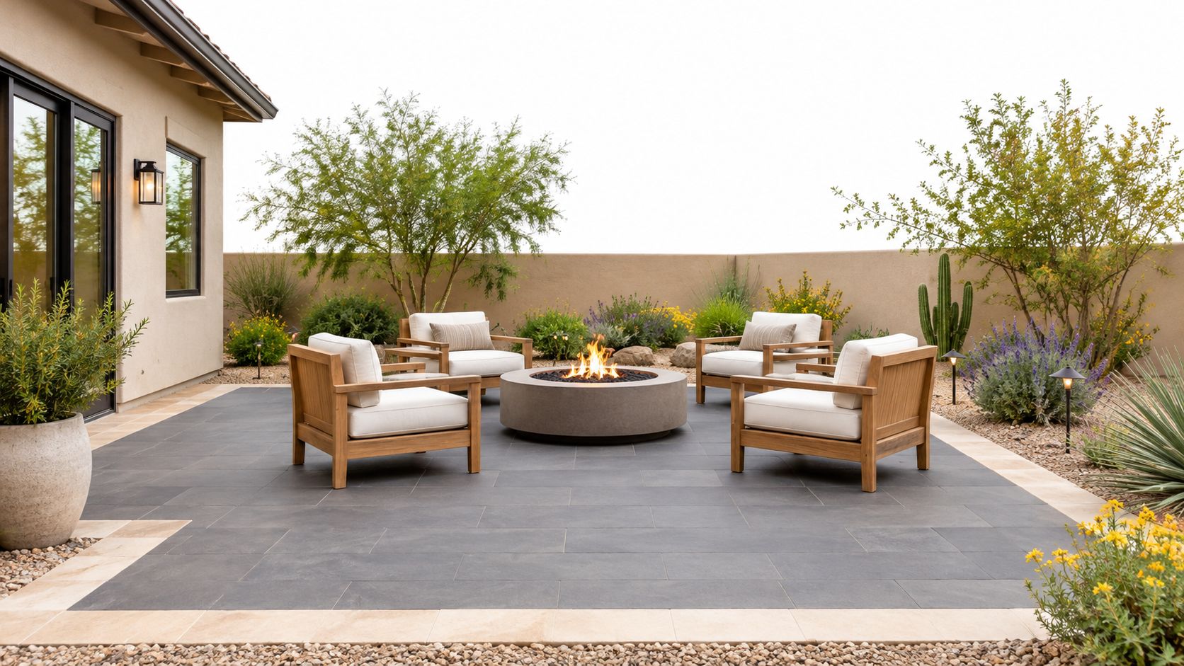 A modern outdoor patio featuring a circular fire pit surrounded by four wooden armchairs on dark pavers.