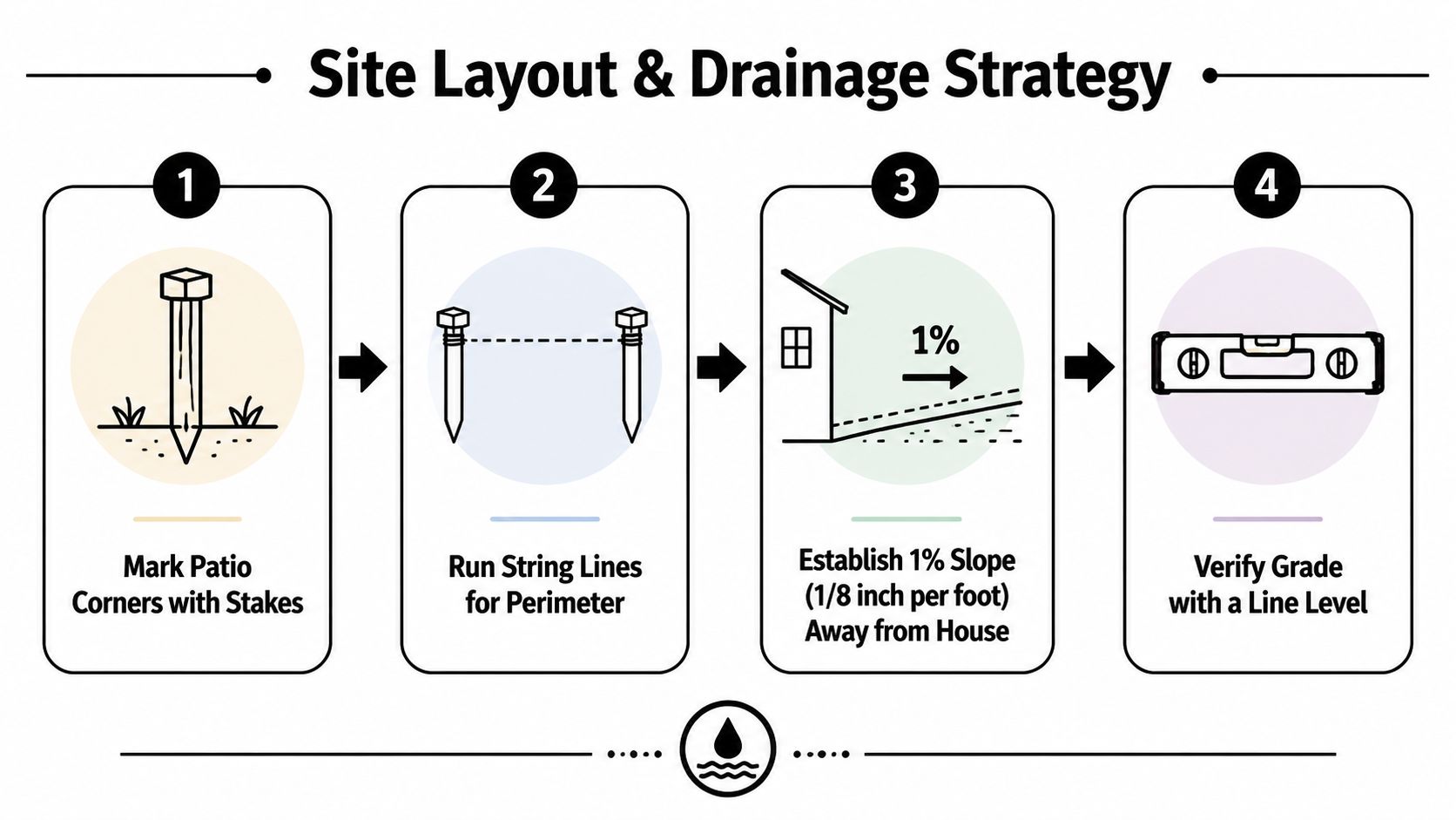 A four-step infographic illustrating the site layout and drainage strategy process for building a patio.