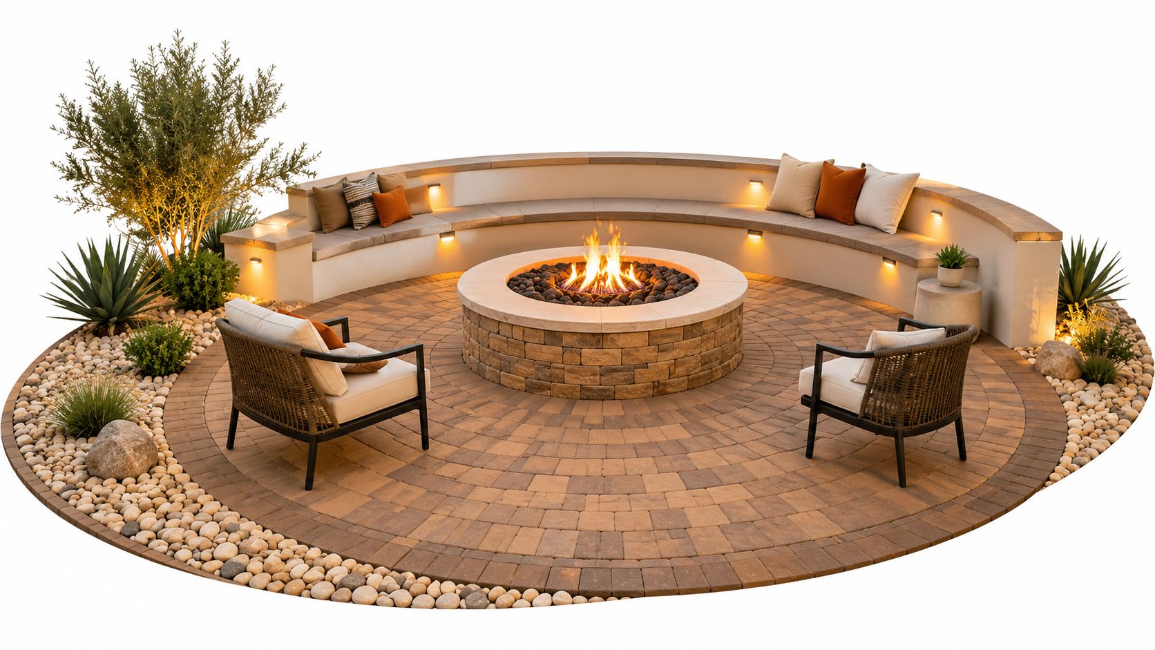 A circular patio featuring a stone fire pit, curved built-in bench seating, and surrounding landscaping elements.