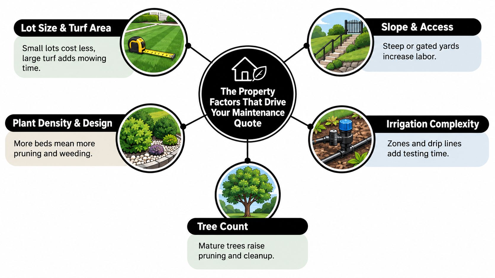 An infographic illustrating five key factors that influence the cost of professional residential landscaping maintenance services.