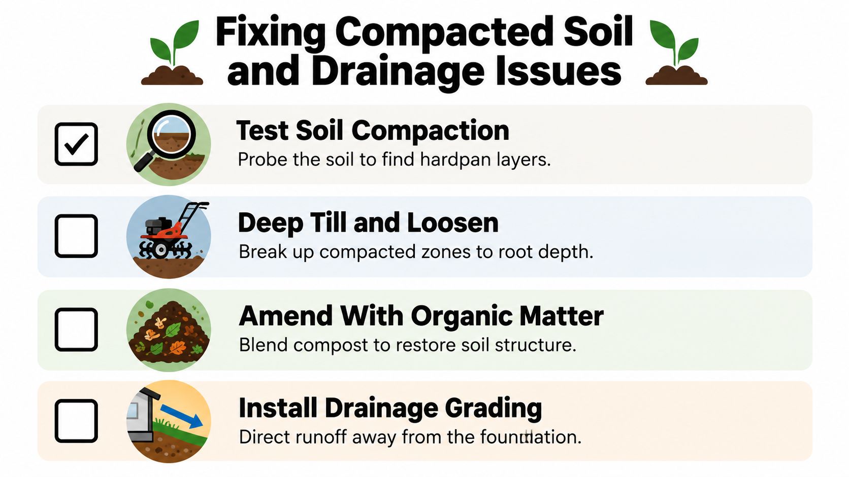 A checklist infographic illustrating four essential steps for fixing compacted soil and improving garden drainage issues.