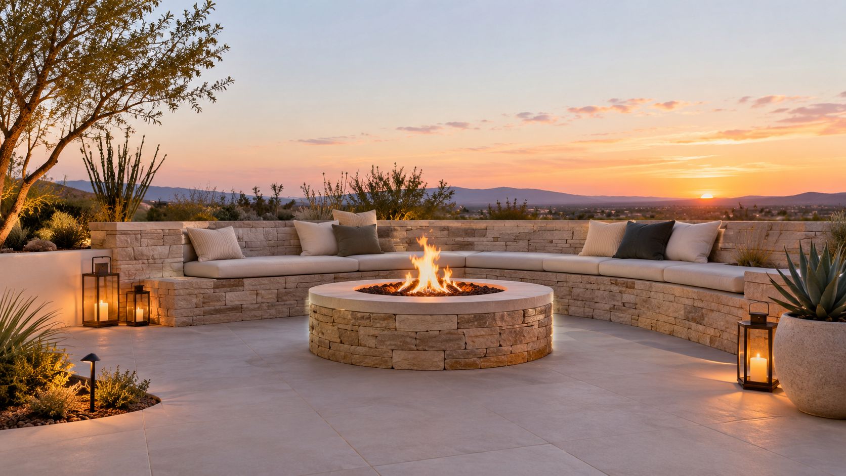 A modern patio featuring a circular stone fire pit surrounded by built-in seating during a sunset.