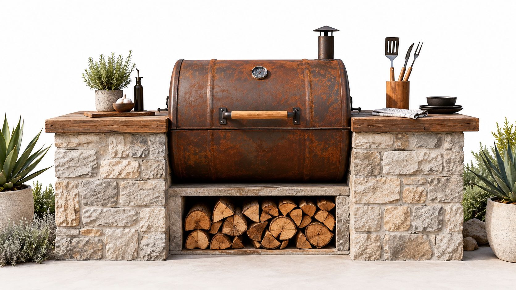 A rustic outdoor kitchen station with a weathered metal barrel smoker grill set into stone countertops.