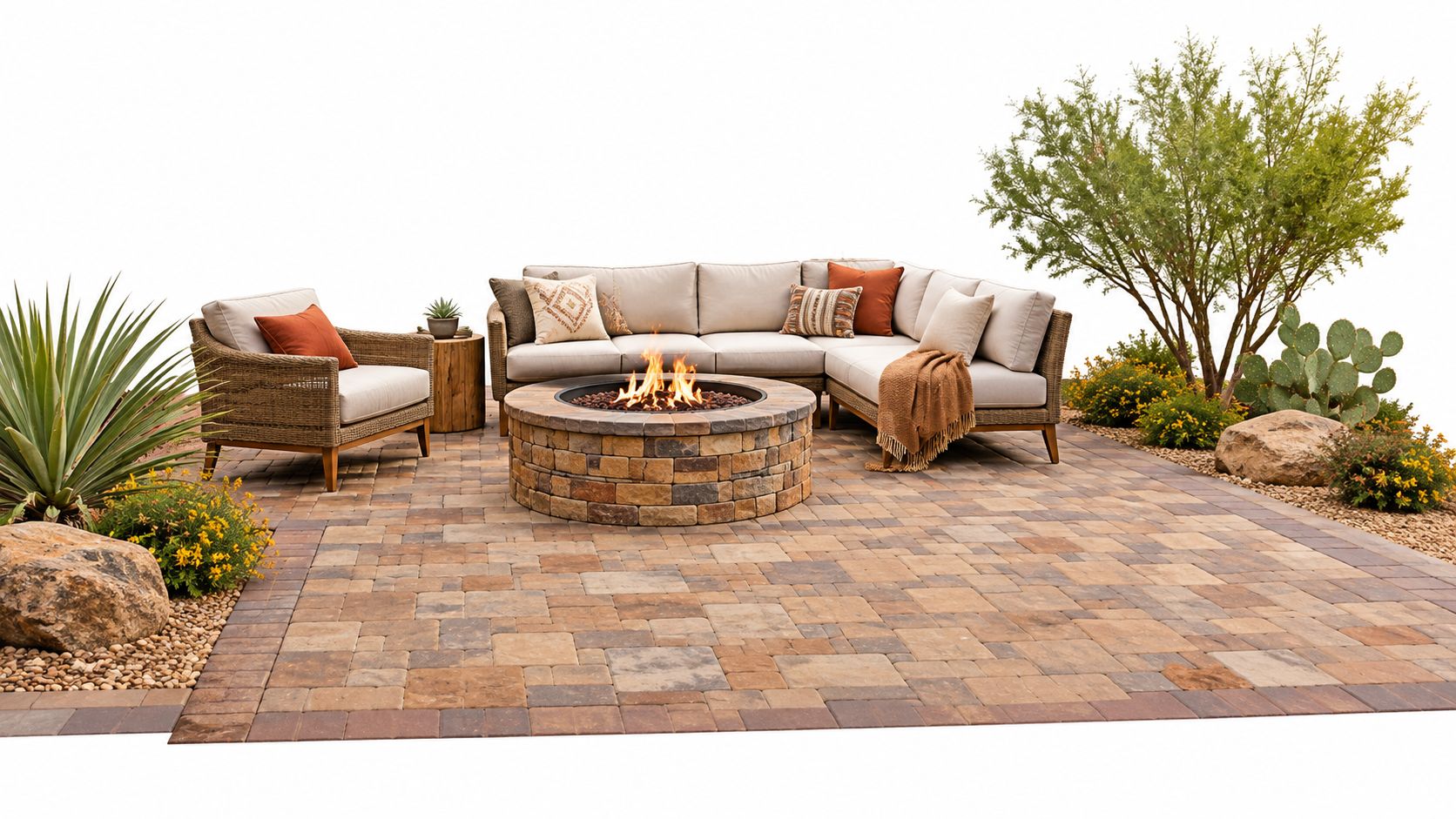 A modern outdoor patio set featuring a fire pit, sectional sofa, and armchairs on stone pavers.