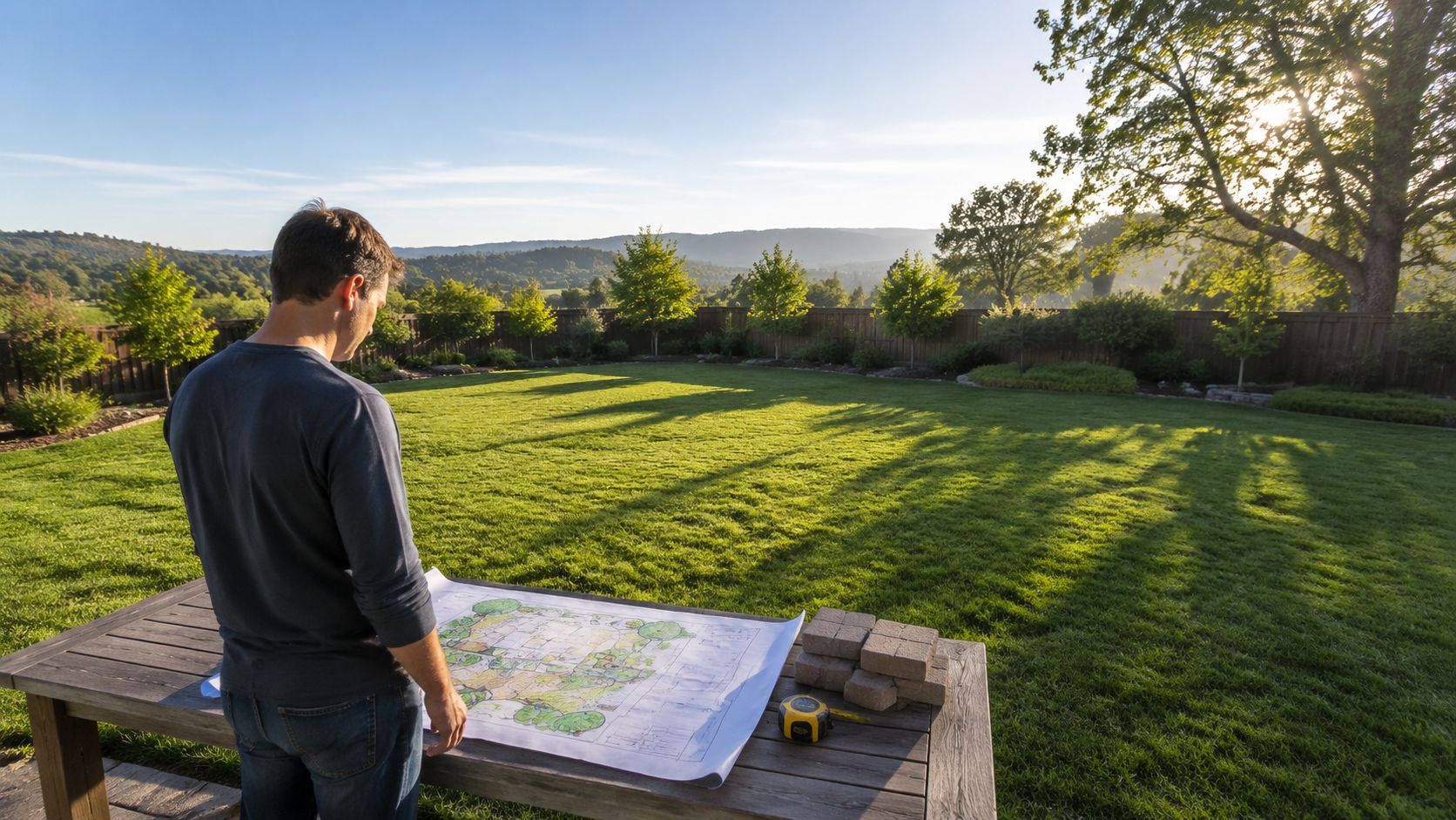 A man stands in a grassy backyard looking at a landscape design blueprint on a wooden table.