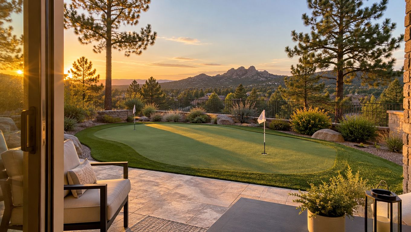 A luxurious backyard putting green at sunset with scenic mountain views and comfortable patio seating.