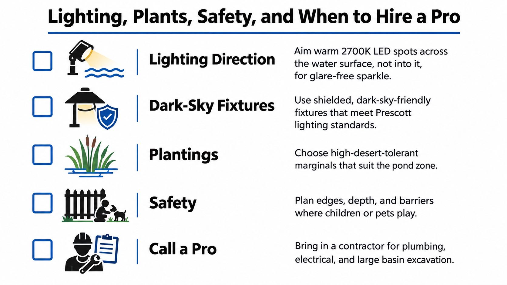 An infographic list outlining tips for water feature design, including lighting, plants, safety, and professional help.