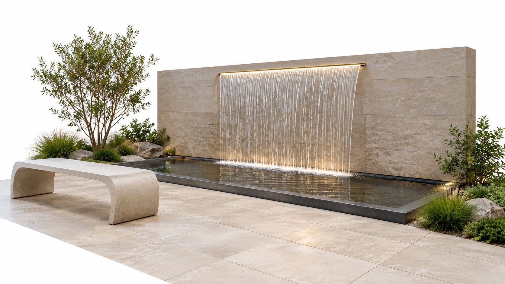 A modern outdoor patio featuring a sleek stone bench, a decorative waterfall wall, and lush garden landscaping.
