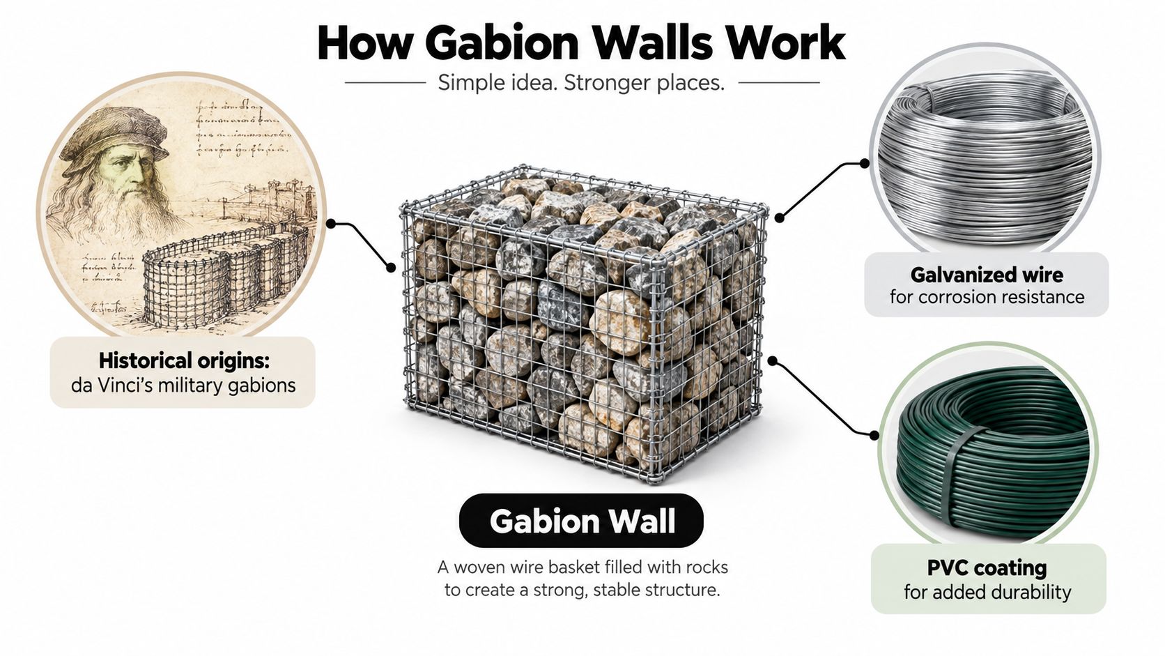A diagram explaining how gabion walls work using wire baskets filled with stones for structural support.