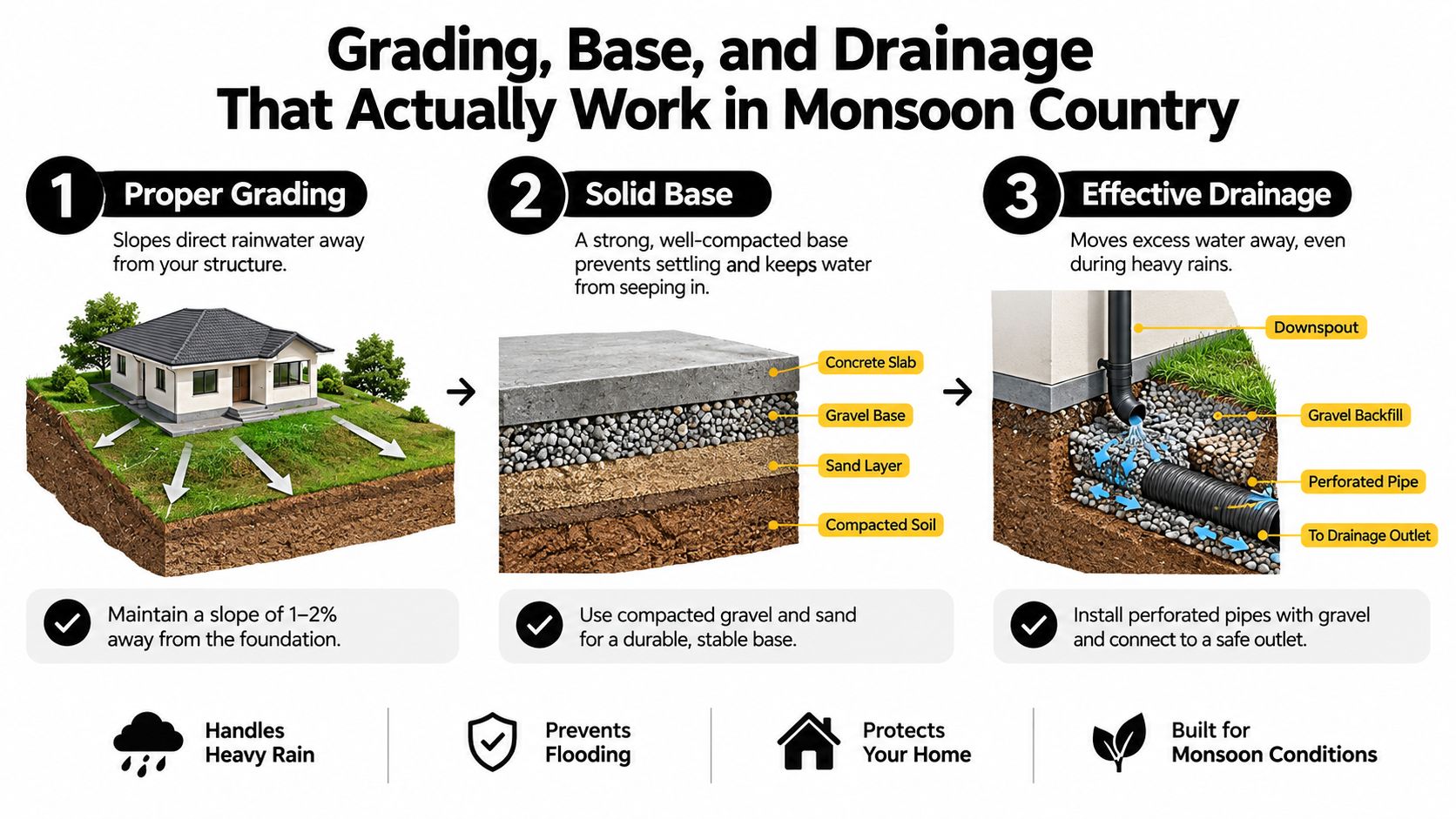 A diagram illustrating three essential steps for home construction: proper grading, a solid foundation base, and effective drainage.