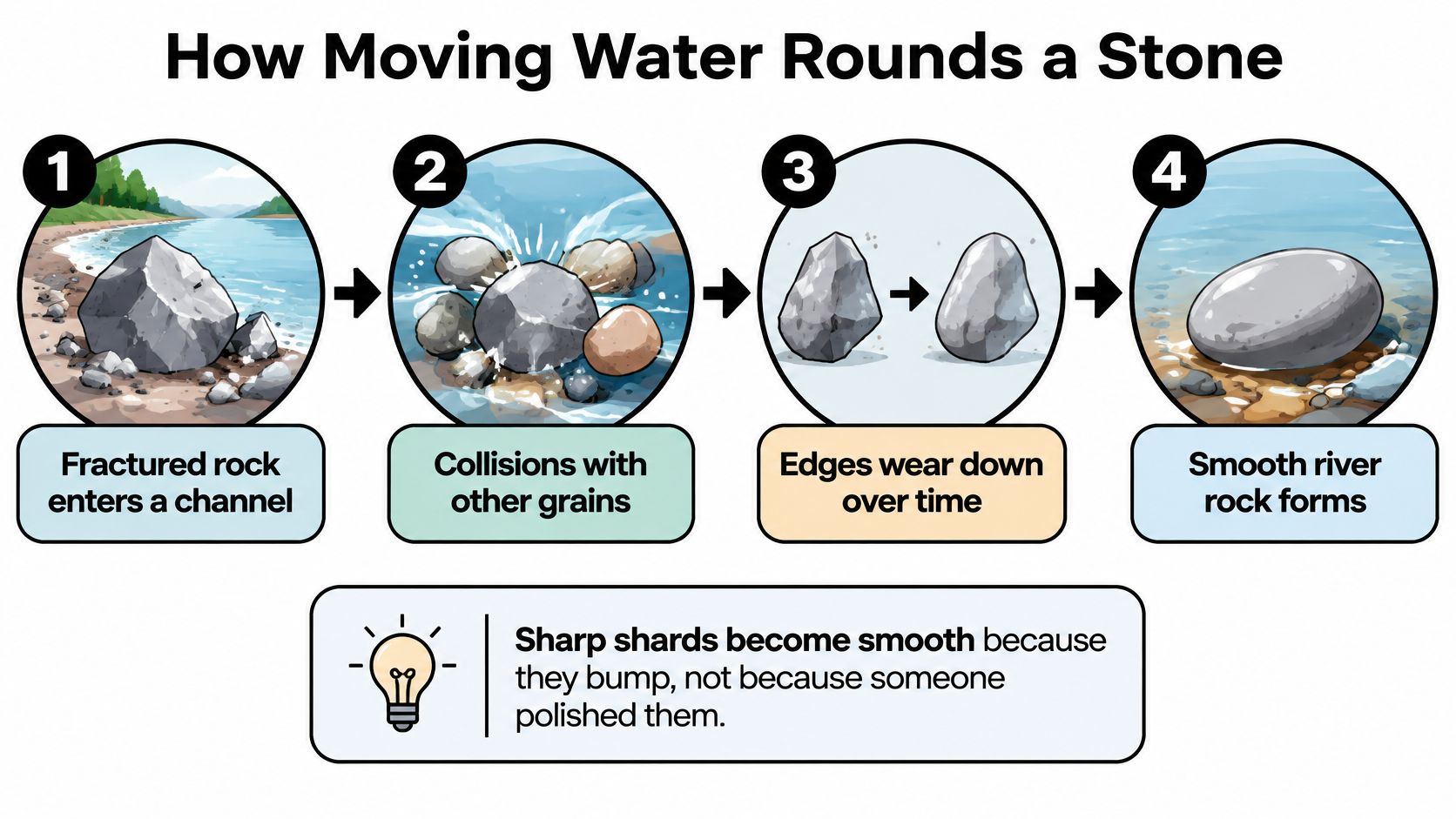 A four-step diagram explaining the natural process of how moving water turns a jagged rock into smooth stone.
