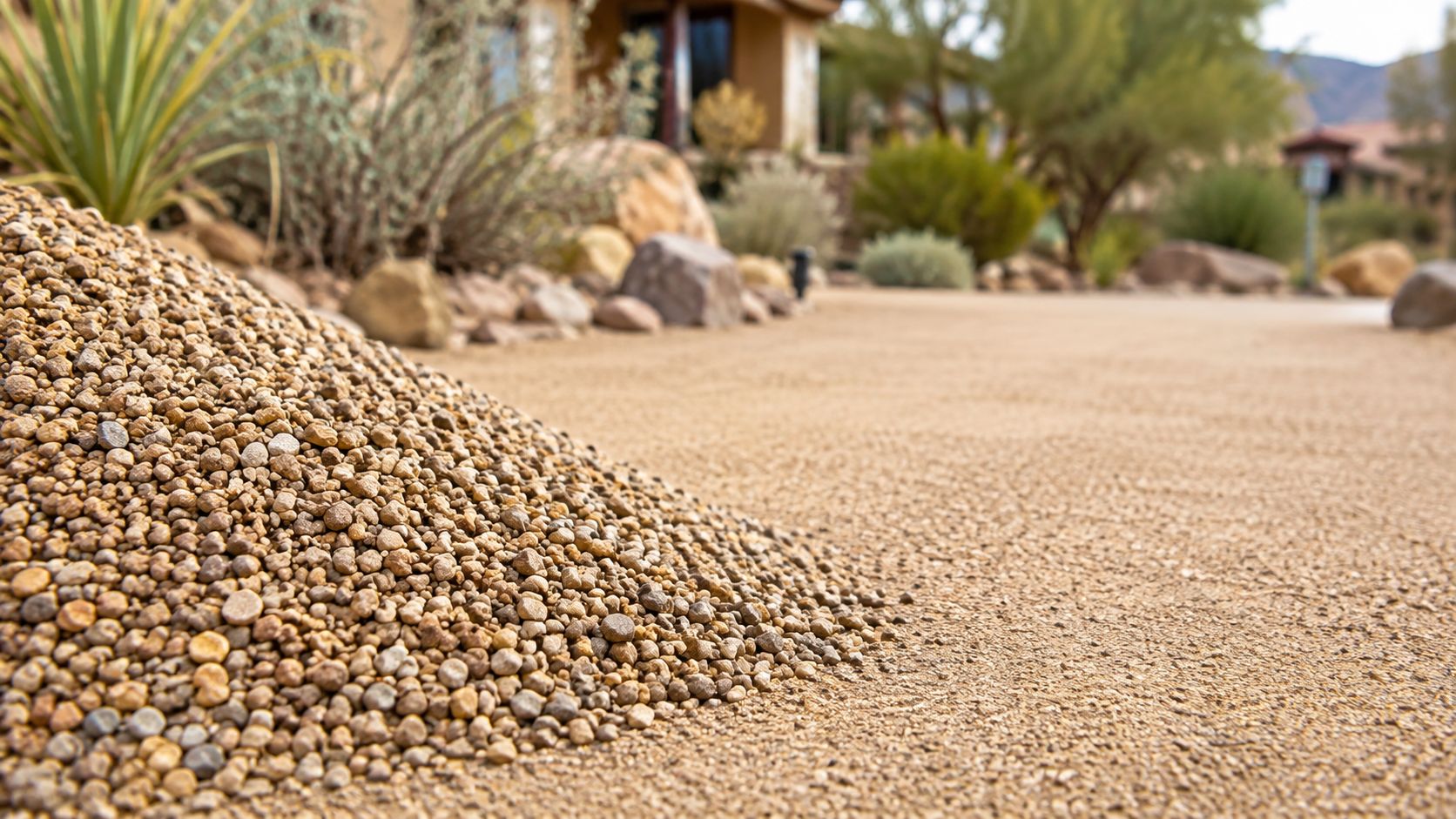 A pile of decomposed granite sits on a gravel driveway in a landscaped desert garden setting.
