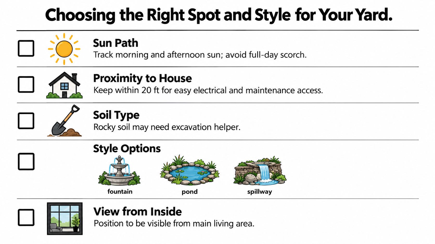An infographic checklist for planning the location and style of a new garden water feature.