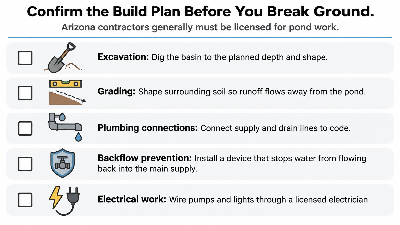 A checklist for pond construction planning including excavation, grading, plumbing, backflow prevention, and electrical work steps.