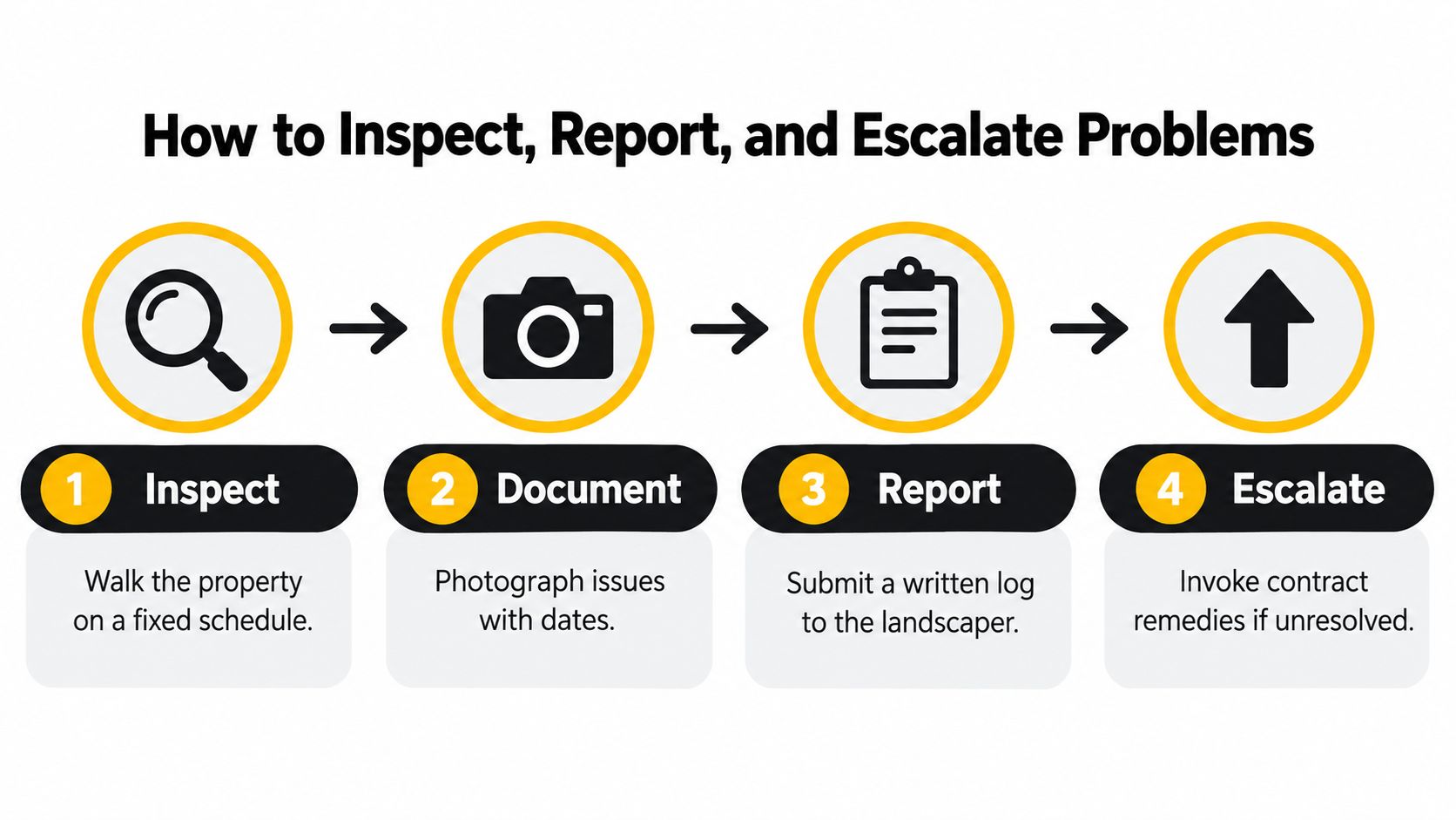 A four-step infographic illustrating the process for property owners to inspect, document, report, and escalate landscaping maintenance issues.