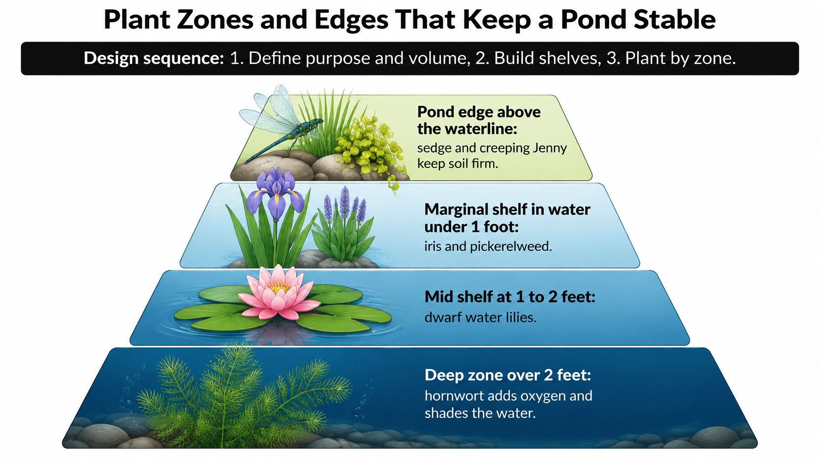 A diagram illustrating plant zones and shelf depths to maintain a healthy and stable garden pond ecosystem.