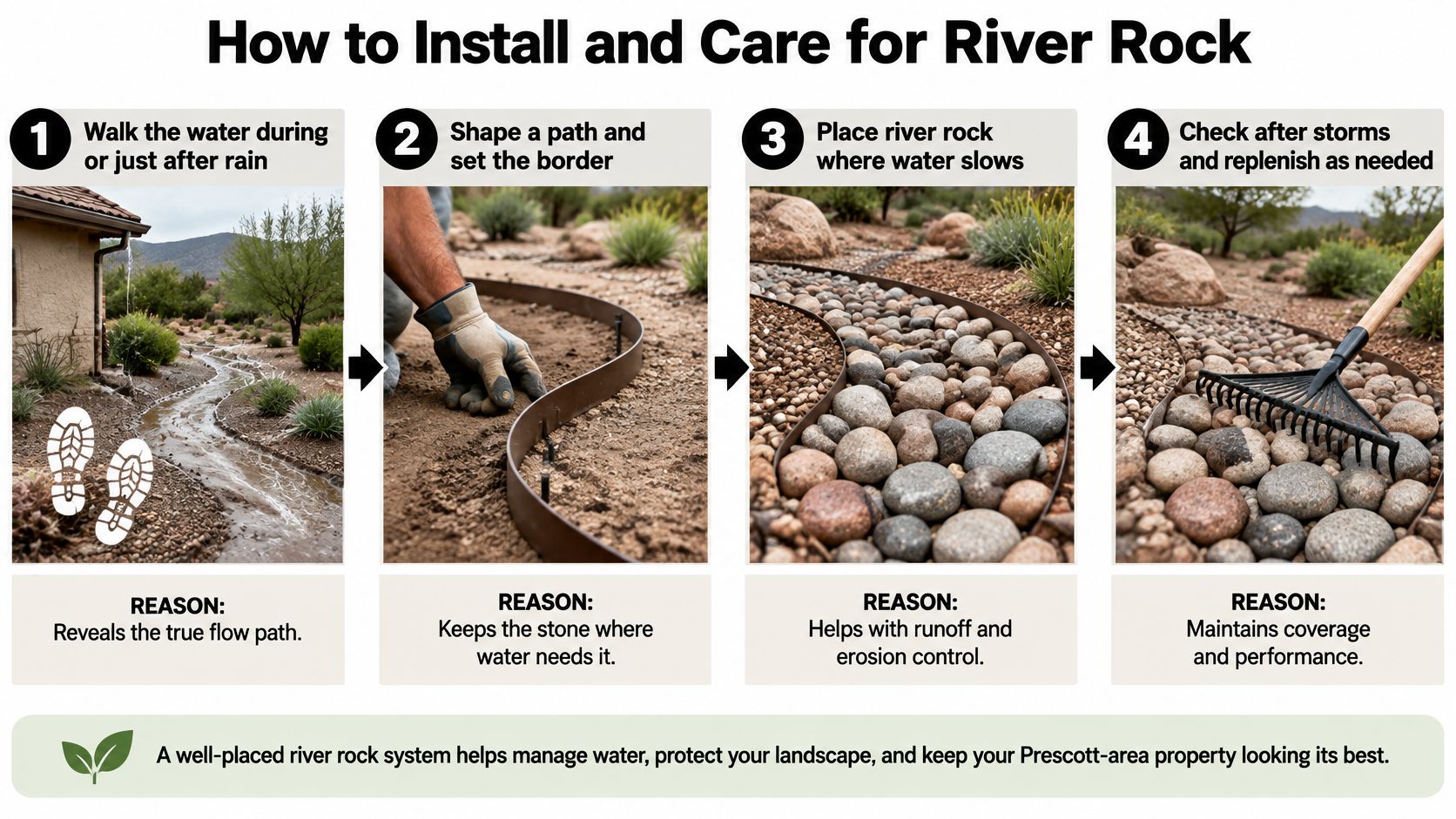 A four-step infographic showing how to install and maintain a river rock drainage system in a landscape.