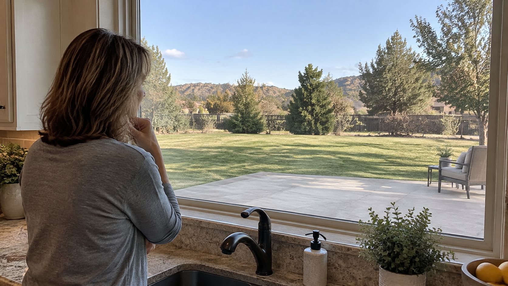 A woman looks out a large kitchen window at a serene backyard with green grass and hills.