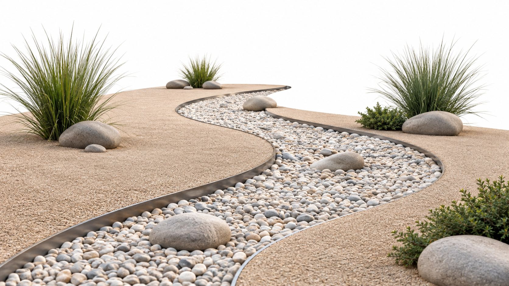 A modern garden design featuring a winding pebble dry creek bed framed by metal edging and ornamental grasses.