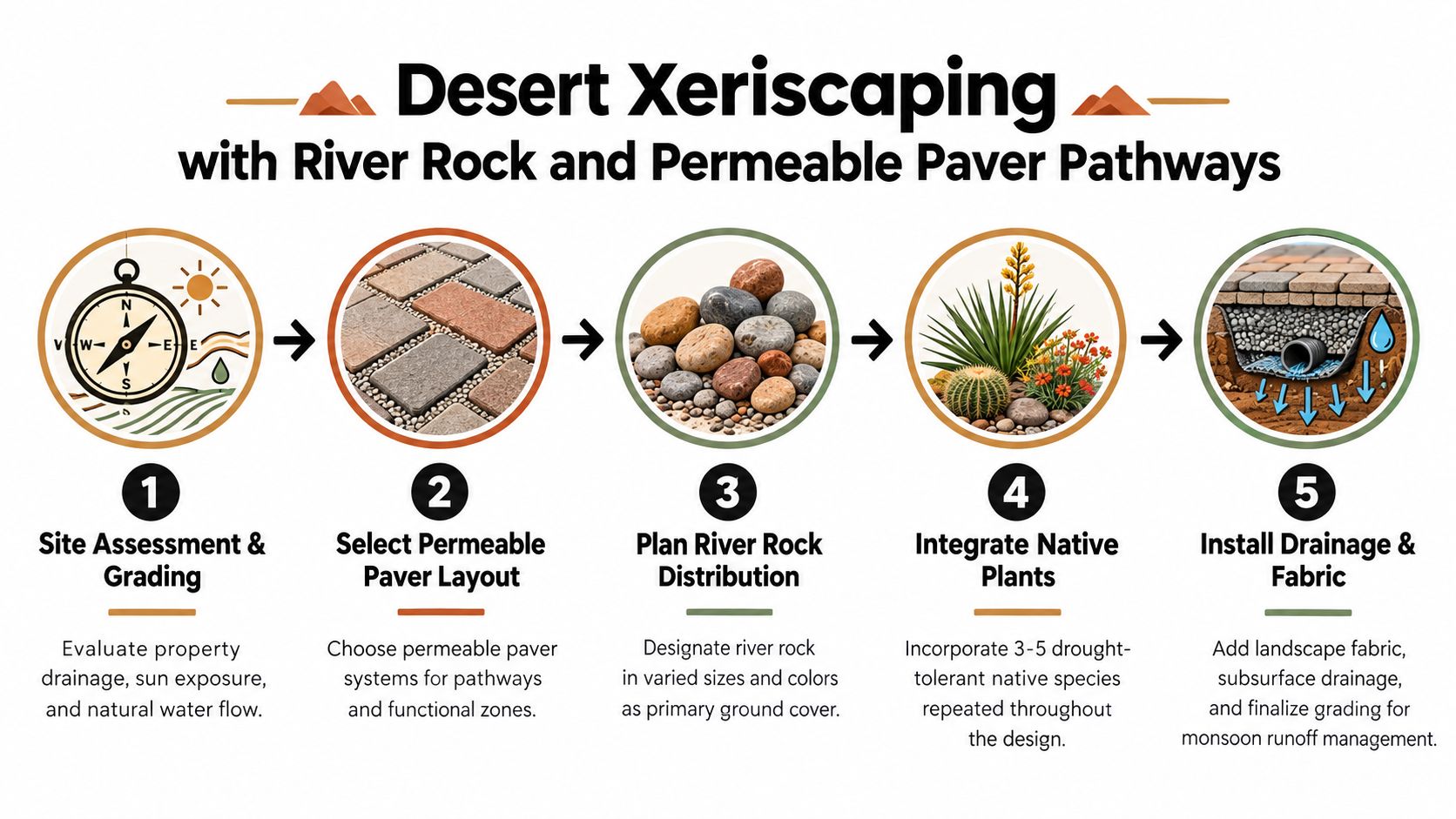 A five-step infographic showing the process of desert xeriscaping using river rock and permeable pavers.