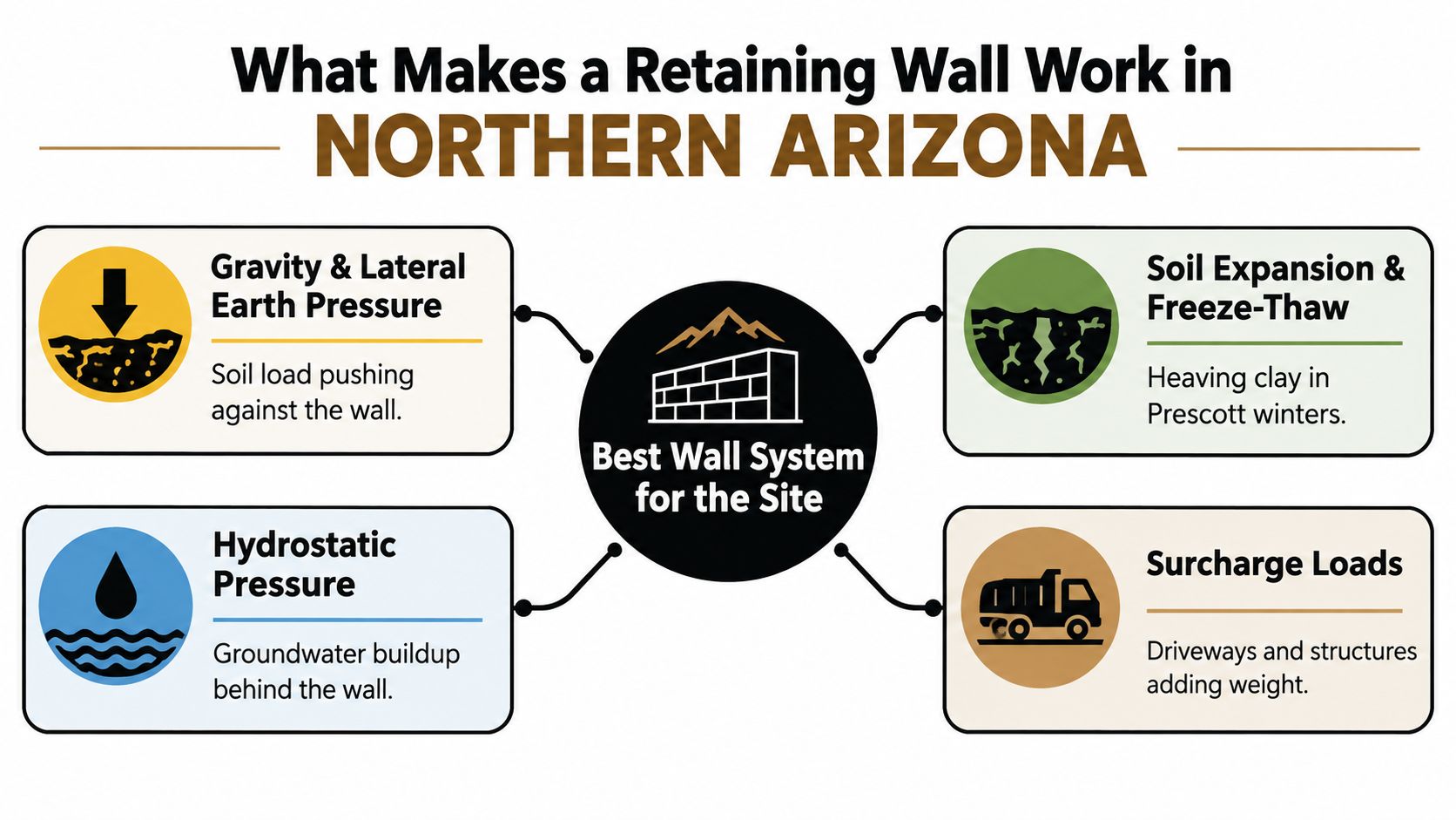 A diagram explaining factors for choosing the best retaining wall system in Northern Arizona's unique environment.
