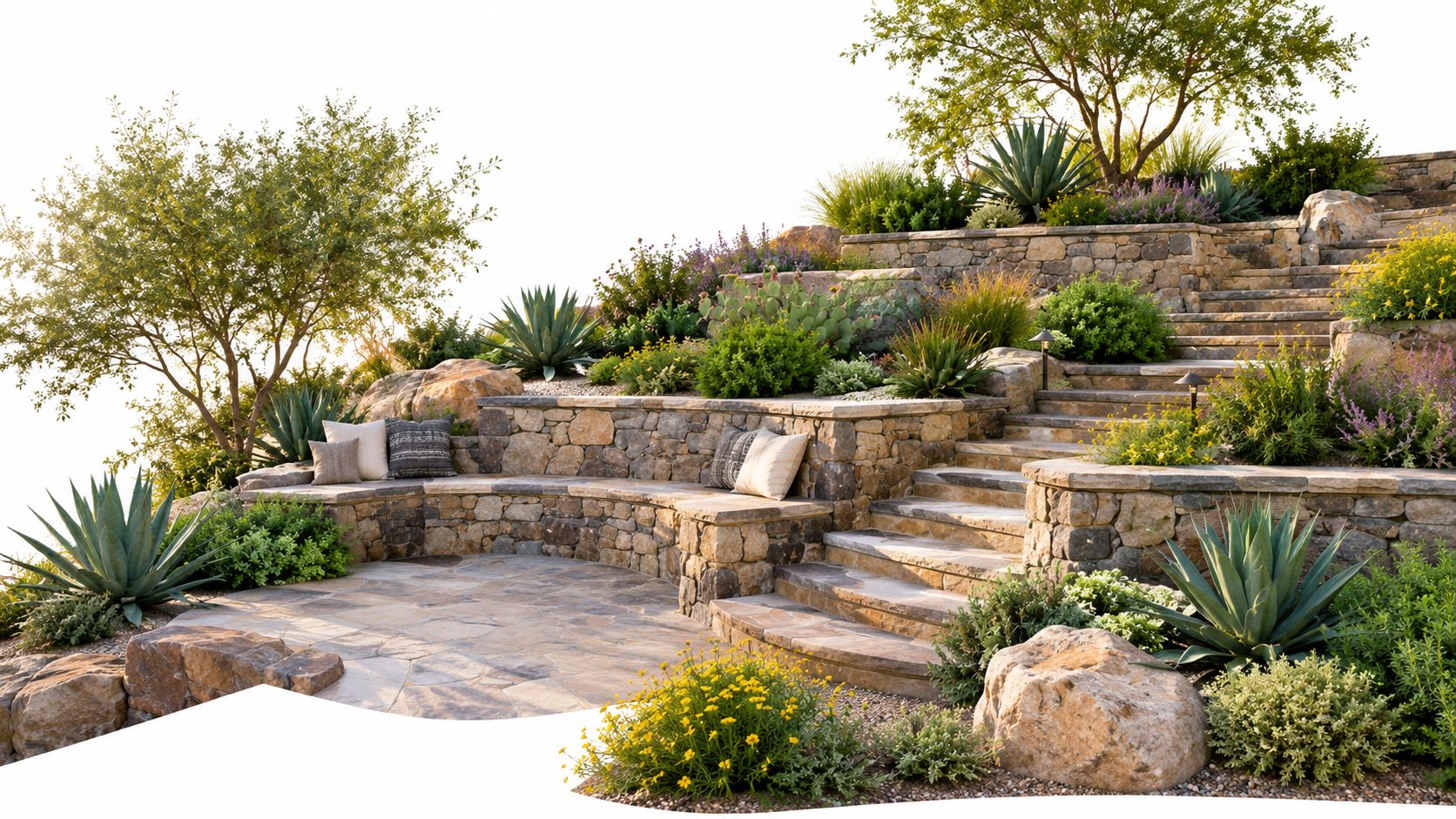 A beautiful stone terraced garden with seating, steps, and various desert plants on a sunny hillside.