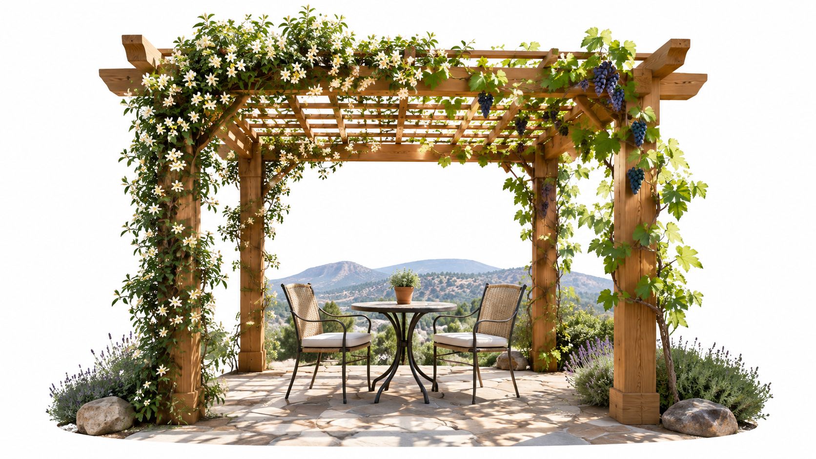 A cozy wooden pergola featuring climbing vines and flowers over a small table and two chairs.